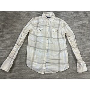 Gap Top Womens Small Beige Plaid Long Roll‎ Tab Sleeve 100% Cotton Semi Sheer